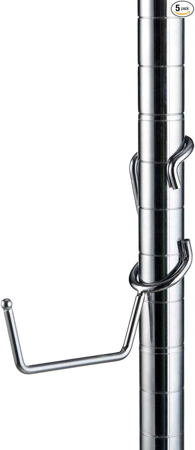 Shelf Pole Hooks 5-Pack | Chrome Heavy-Duty Utility J Hooks for 1-Inch Poles ONLY | Snap-On Hooks for Wire, Metal & Metro Shelving | Garage, Kitchen & Home Organization