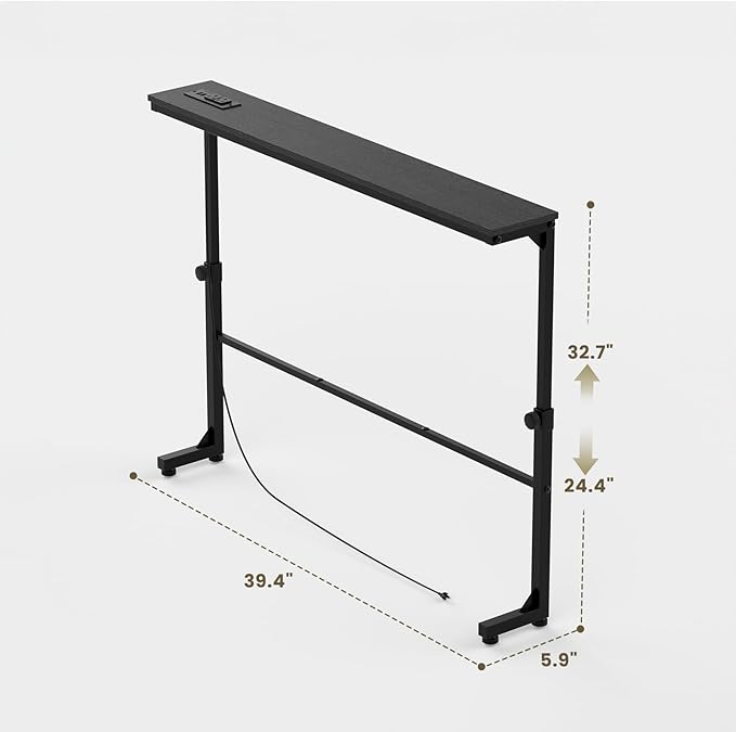 Aduanbang Adjustable Height Narrow Console Table with 2 Power Outlets, 39.4" Long x 5.9" Wide, Slim Behind Sofa Table, Black – Ideal for Living Room, Entryway, or Hallway