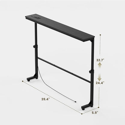 Aduanbang Adjustable Height Narrow Console Table with 2 Power Outlets, 39.4" Long x 5.9" Wide, Slim Behind Sofa Table, Black – Ideal for Living Room, Entryway, or Hallway