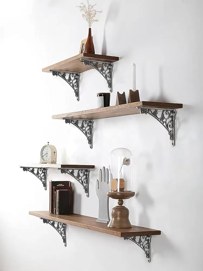 Decorative Shelf Bracket 10 inch, Rustic Antique Silver Brackets for Shelving, Heavy Duty Vintage, DIY Projects, Hardware Included, 4 Pack,9.84x7x1.73 inch,Baroque Style