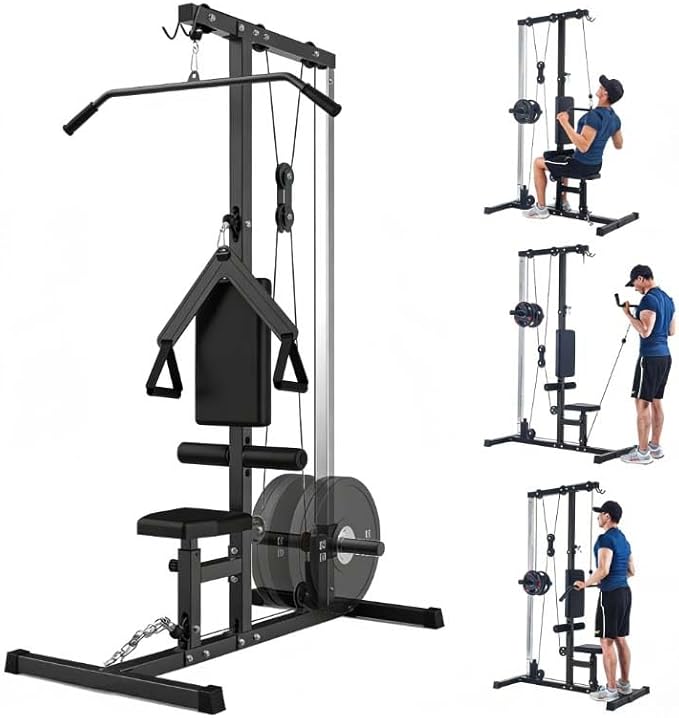 LAT Pulldown Machine, Multi-Functional Cable Machine with High and Low Pulley Station, Row Cable Machine Home Gym with Leg Support, Tricep Workout Equipment