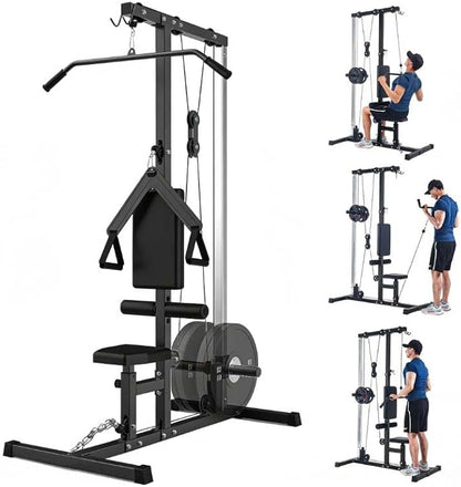 LAT Pulldown Machine, Multi-Functional Cable Machine with High and Low Pulley Station, Row Cable Machine Home Gym with Leg Support, Tricep Workout Equipment