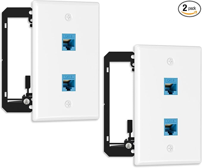 FGB 10Gbps Ethernet Wall Plate, 2 Port CAT6 Wall Plate and Jack, RJ45 Ethernet Wall Outlet with Single Gang Low Voltage Mounting Bracket, 2 Pack
