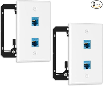 FGB 10Gbps Ethernet Wall Plate, 2 Port CAT6 Wall Plate and Jack, RJ45 Ethernet Wall Outlet with Single Gang Low Voltage Mounting Bracket, 2 Pack