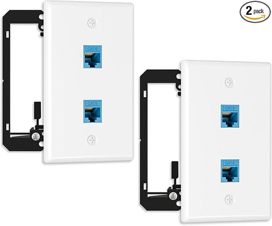 FGB 10Gbps Ethernet Wall Plate, 2 Port CAT6 Wall Plate and Jack, RJ45 Ethernet Wall Outlet with Single Gang Low Voltage Mounting Bracket, 2 Pack