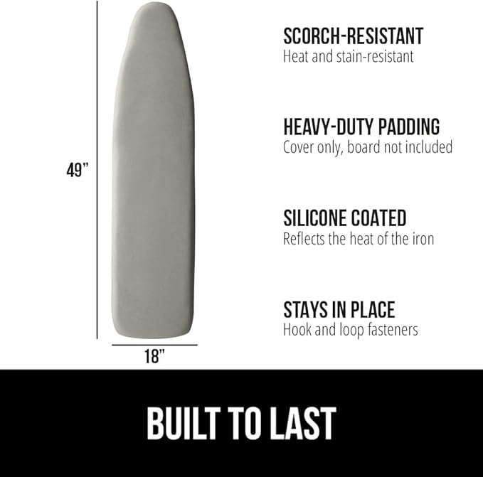 GORILLA GRIP The Original Ironing Board Cover and Pad, Silicone Coating, Thick Scorch Resistant Padding, Heavy Duty Iron Covers Standard Boards, Hook and Loop Fastener Strap, Silver, 18x49
