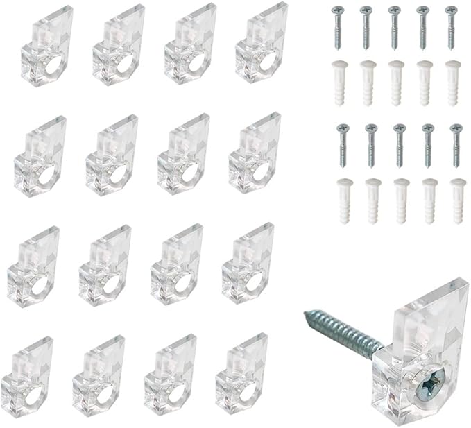 20 Set Mirror Holder Clips Kit, Glass Retainer Clips, Clear Plastic, Wall & Door Mount