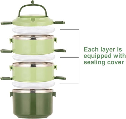 SANQIAHOME 3 Tier Stackable Stainless Steel Lunch Box Sealed(green, 3 layers) with spoon and fork