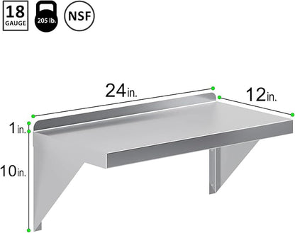 12" Width x 36" Length | Stainless Steel Wall Shelf | Square Edge | Metal Shelving | Heavy Duty | Commercial Grade | Wall Mount | NSF Certified (12" Width x 24" Length)