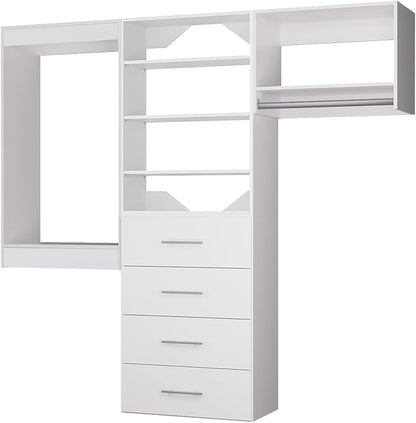ROOMTEC Modular Closet System, 102" Wall Mounted Closet Organizer with Hanging Rods and Drawers, Modern Wooden Tower for Walk-In Closets, Wardrobe Storage Kit, White