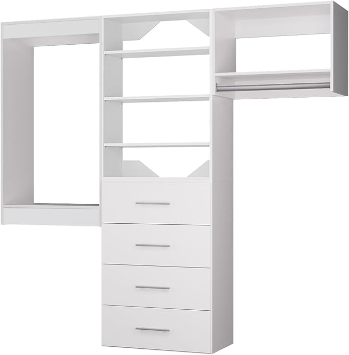 ROOMTEC Modular Closet System, 60" Wall Mounted Closet Organizer with Hanging Rods and Drawers, Modern Wooden Tower for Walk-In Closets, Wardrobe Storage Kit, White
