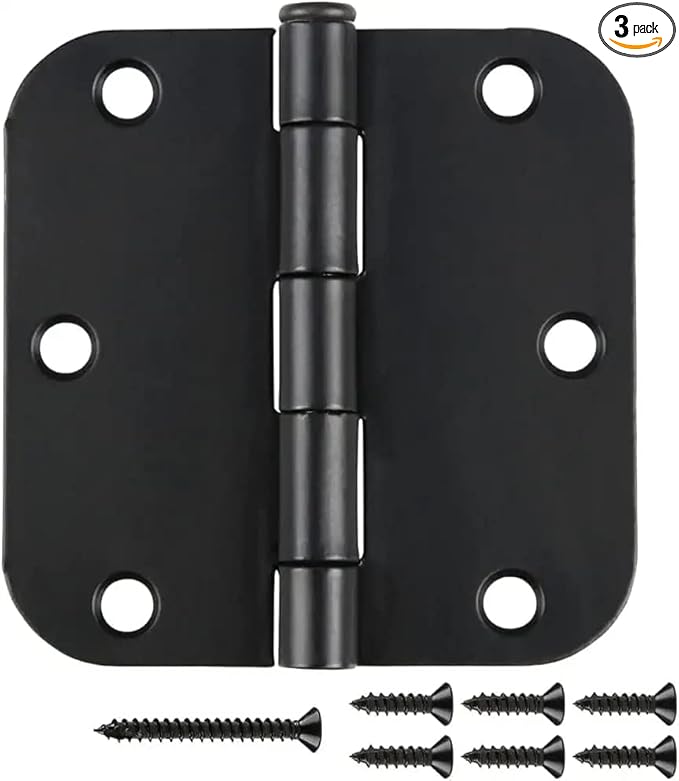 3 Pack Matte Black Door Hinges 3.5" x 3 1/2 Interior Round Door Hinge 3 ½",5/8" Radius Flat Finished Iron Standard Residential Structures Hardware for Backyard shed/Basement Access/Garage Side Door