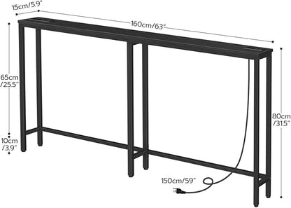 HOOBRO 63" Narrow Console Table with Charging Station, 5.9" Sofa Table with 2 Power Outlets and USB Ports, Long Entryway Tables Behind Couch Table, for Hallway, Livingroom, Black BB165UXG01G1