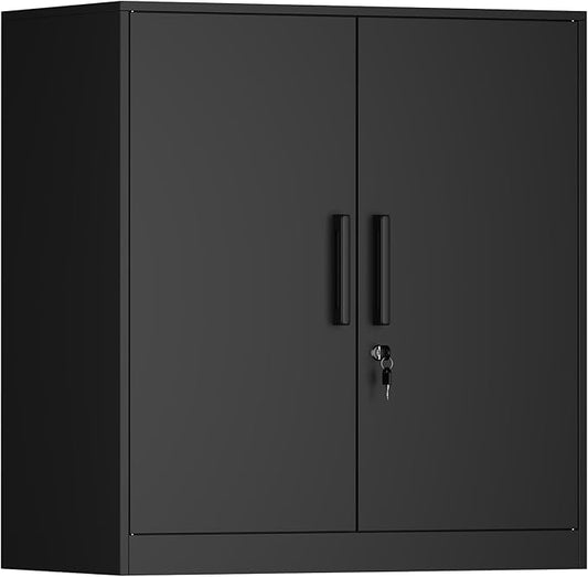 Metal Wall Cabinet,Garage Wall Cabinet with Handle,Lockable Storage Cabinets Wall Mounted with 2 Doors,Locking Cabinet with Shelves for Basement,Living Home,Black