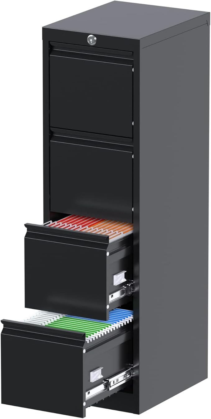 Metal Vertical File Cabinet with Lock,File Cabinet with 4 Drawer for Letter,Legal,F4,A4,14.96" W x 17.72" D x 52.36" H, Assembly Required,Black