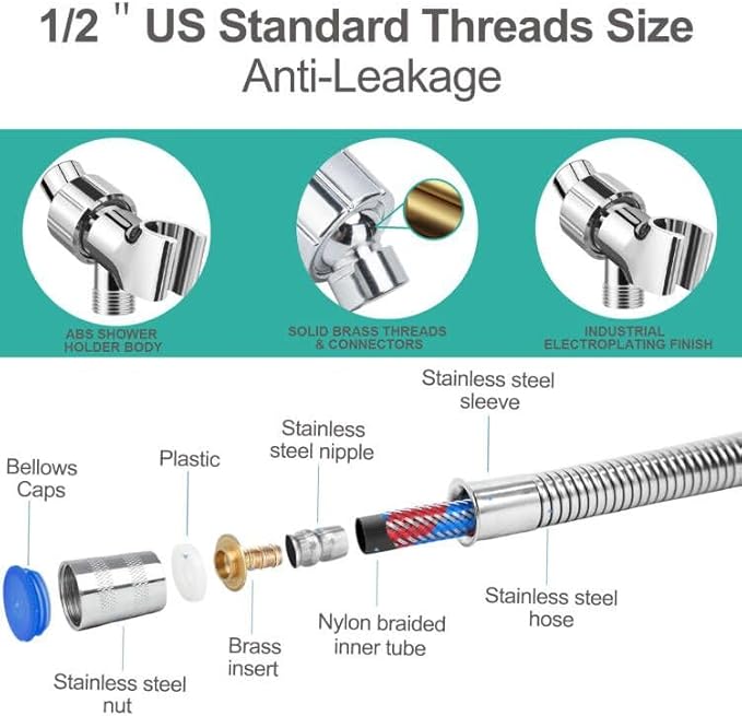 Adjustable Handheld Shower Head Holder and Hose- Premium ABS Bracket- 360 Degree Rotatable Brass Ball：Arm Mount and Hose Connector- Easy Install and Replacement Parts(Chrome Holder and Hose)