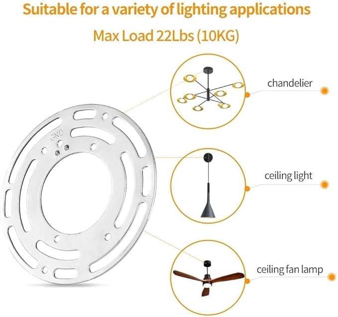 2 Pack Ceiling Fan Adapter Plate, Universal 4 Inch Ceiling Light Mounting Bracket, Steel Junction Box Adapter with Ground Screw, Light Fixture Mounting Bracket, Light Crossbar for Wall or Ceiling
