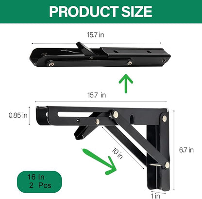 Folding Shelf Brackets, 4 Pcs Heavy Duty Collapsible Shelf Bracket, DIY Wall Mounted Folding Table Hinge, Space Saving for Bench Table with Screws (Black, 16 in (4Pcs))