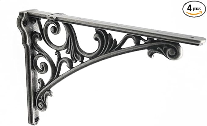 Decorative Shelf Bracket 6 inch, Rustic Antique Silver Brackets for Shelving, Heavy Duty Vintage, DIY Projects, Hardware Included, 4 Pack,5.9x4.17x1.73 inch,Baroque Style