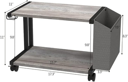 VEDECASA 2 Tier Vintage Greige Wooden Under Desk Printer Stand with Storage Bag for Home Office Desktop Printer Table Organizer Mobile Printer Shelf Cart with Caster Wheel