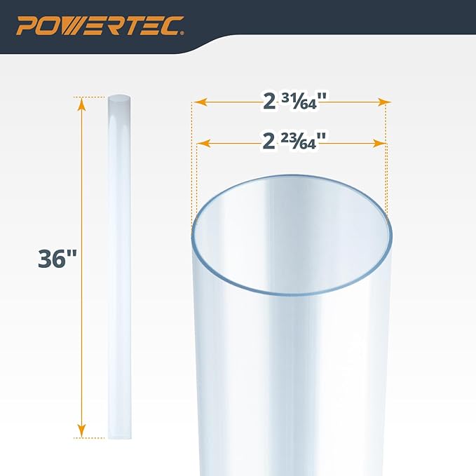 POWERTEC Clear PVC Pipe 2-1/2" x 36" Long, 1PK Rigid Plastic Tubing, Round Tube Compatible w/Dust Collection Fitting, for Woodworking Tool, Dust Collection System, Toy Cars and Bird Feeder (70176V)
