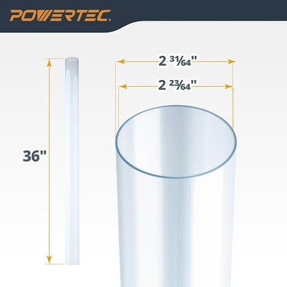 POWERTEC Clear PVC Pipe 2-1/2" x 36" Long, 1PK Rigid Plastic Tubing, Round Tube Compatible w/Dust Collection Fitting, for Woodworking Tool, Dust Collection System, Toy Cars and Bird Feeder (70176V)