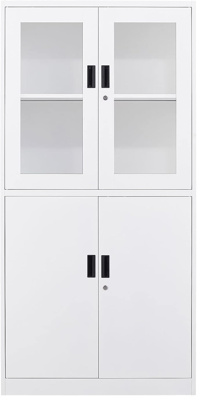 Metal Storage Cabinet with Glass Doors, Lockable Office Cabinet, Tall Steel Locker with Adjustable Shelves for Home Office,School, Kitchen and Hospital (White)