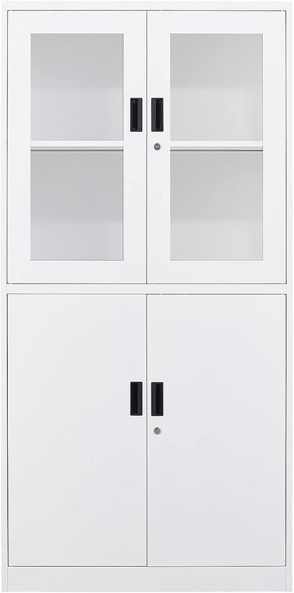 Metal Storage Cabinet with Glass Doors, Lockable Office Cabinet, Tall Steel Locker with Adjustable Shelves for Home Office,School, Kitchen and Hospital (White)