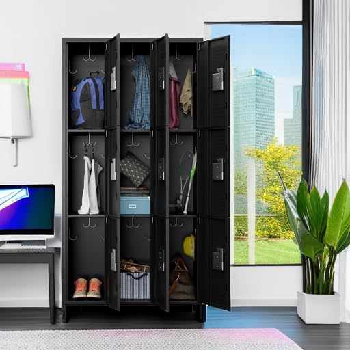 Aobabo 9 Doors Metal Storage Locker for Employees, Metal Locker with 27 Hooks for School Office Gym Garage, Black, Assembly Required