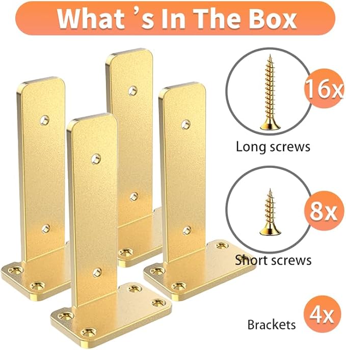 Floating Shelf Brackets Upgraded,4 inch, Gold Heavy Duty Iron Shelf Brackets, Industrial Modern Floating Shelf Support for Wall Mount Shelves,Wide Brackets ,4 Pack, Support DIY(5mm Thickening Type).