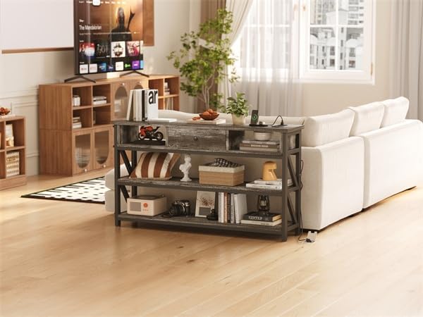Mexin Console Table with Outlets and USB Ports, Entryway Table with Drawer Storage Shelves, Industrial Wood Hallway Sofa Table for Living Room, Couch, Foyer Table, 47 Inch Grey Oak