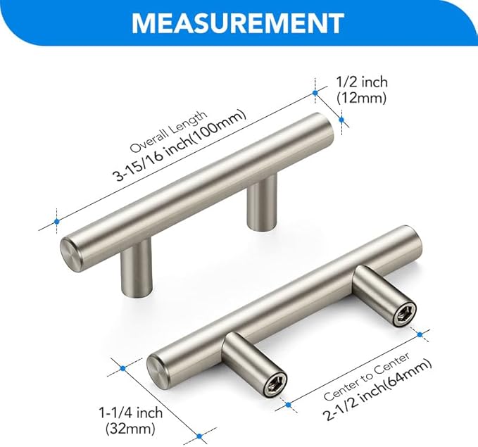 Brushed Nickel Cabinet Handles 2-1/2 Inch Hole Spacing Stainless Steel Drawer Pulls for Cabinets, Dresser, Bathroom 5 Pack