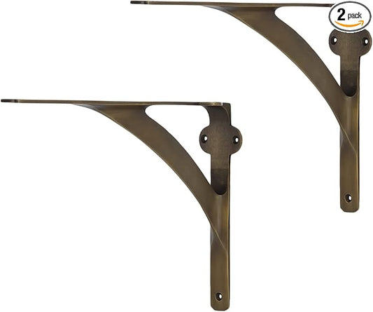 Set of 2 Brass Shelf Brackets for 8", 10", 12" Shelves - Gold Finish - Heavy Duty Brass L Brackets for Wall Shelves Hardware Included 7 3/8" X 9 7/8",