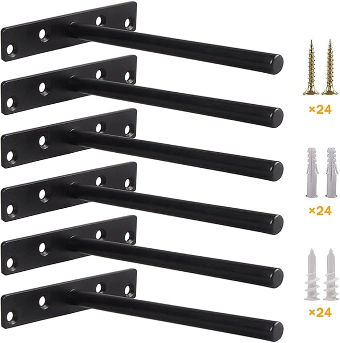 Blind Floating Shelf Brackets - DIY Heavy Duty 8 inch Wall Shelf Brackets, Solid Stainless Steel Matte Black Hidden Support with Hardware for Custom Wood Shelves (6 Pack)