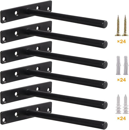 Blind Floating Shelf Brackets - DIY Heavy Duty 8 inch Wall Shelf Brackets, Solid Stainless Steel Matte Black Hidden Support with Hardware for Custom Wood Shelves (6 Pack)
