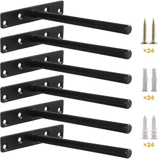 Blind Floating Shelf Brackets - DIY Heavy Duty 8 inch Wall Shelf Brackets, Solid Stainless Steel Matte Black Hidden Support with Hardware for Custom Wood Shelves (6 Pack)