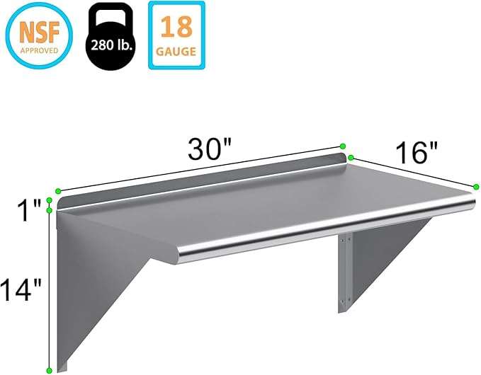 NSF Certified 18 Gauge Heavy Duty Stainless Steel Wall Shelf with Brackets for Kitchens, Utility Rooms, Storage, Offices & Home (30"x16")