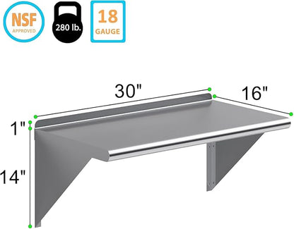 NSF Certified 18 Gauge Heavy Duty Stainless Steel Wall Shelf with Brackets for Kitchens, Utility Rooms, Storage, Offices & Home (30"x16")