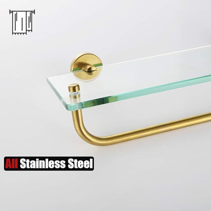 JQK Bathroom Glass Shelf, Shelf with 19 Inch Towel Bar Tempered Glass Shower Storage 20 by 5 inches, 304 Stainless Steel Brushed Gold Wall Mount, TGS100L20-BG
