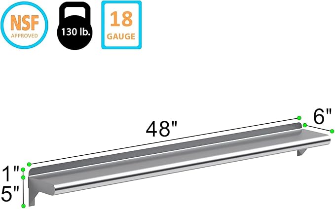 NSF Certified 18 Gauge Heavy Duty Stainless Steel Wall Shelf with Brackets for Kitchens, Utility Rooms, Storage, Offices & Home (48"x6")