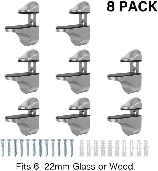 QWORK Adjustable Zinc Alloy Glass Shelf Brackets 8 Pack – Stable Support for Bathroom, Kitchen & Display Shelving