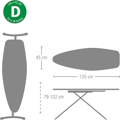 Brabantia - Ironing Board D - Heat-Resistant Steam Iron Zone - Adjustable Height - Non-Slip Rubber Feet -100% Fairtrade Cotton Cover with Foam Layer - Foldable XL Board - New Dawn - Size D(53 x 18 in)
