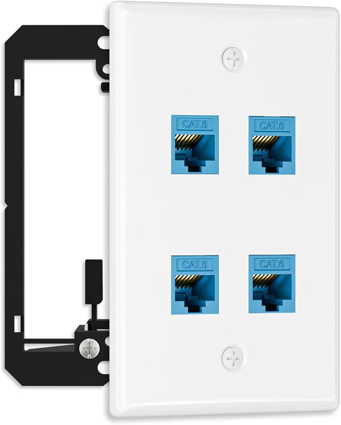 FGB 10Gbps Ethernet Wall Plate, 4 Port CAT6 Wall Plate and Jack, RJ45 Ethernet Wall Outlet with Single Gang Low Voltage Mounting Bracket