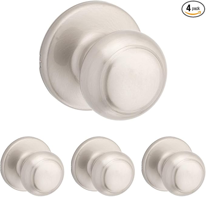 Kwikset Cove Interior Passage Door Knob, Handle for Closet and Hallway Doors, Non-Locking Doorknob in Satin Nickel, with Microban Protection (Pack of 4)