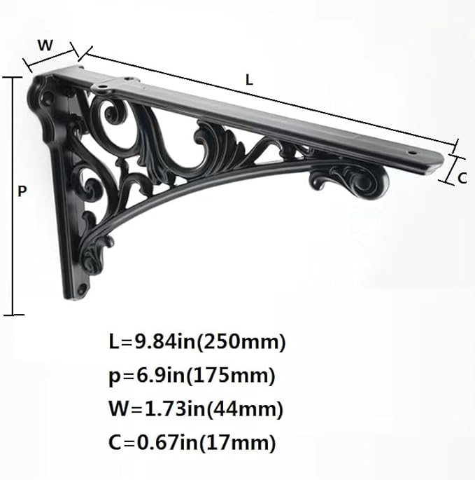 Decorative Shelf Bracket 10 inch, Black Brackets for Shelving, Heavy Duty Vintage, DIY Projects, Hardware Included, 4 Pack, 9.84x7x1.73 inch，Baroque Style
