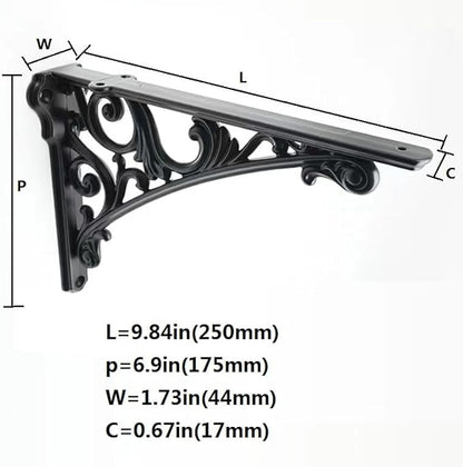 Decorative Shelf Bracket 10 inch, Black Brackets for Shelving, Heavy Duty Vintage, DIY Projects, Hardware Included, 4 Pack, 9.84x7x1.73 inch，Baroque Style
