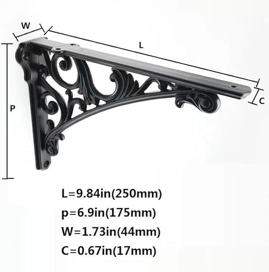 Decorative Shelf Bracket 10 inch, Black Brackets for Shelving, Heavy Duty Vintage, DIY Projects, Hardware Included, 4 Pack, 9.84x7x1.73 inch，Baroque Style