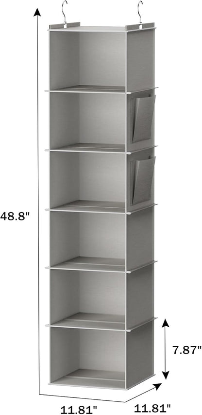 YOUDENOVA Hanging Closet Organizer and Storage, 6-Shelf Closet Hanging Shelves | Sturdy Bamboo Structure Cloth Hanging Storage, Sweater Organizer, 11.8” x 11.8” x 47.2”, Light Grey