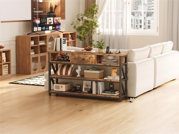 Mexin 47 Inch Console Table with 2 Outlet and 2 USB Ports, Entryway Table with Drawer and Storage Shelves, Narrow Sofa Table for Living Room and Hallway, Vintage Brown