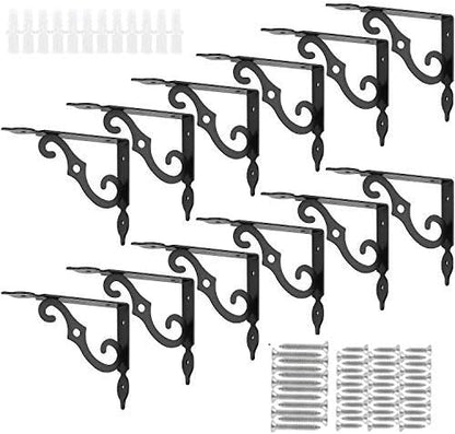 Acrux7 5.5 x 4.3 Inch Heavy Duty Black Metal Shelf Brackets - 12 Pack With Screws, L-Shaped Support Angle Brackets for Floating Shelves